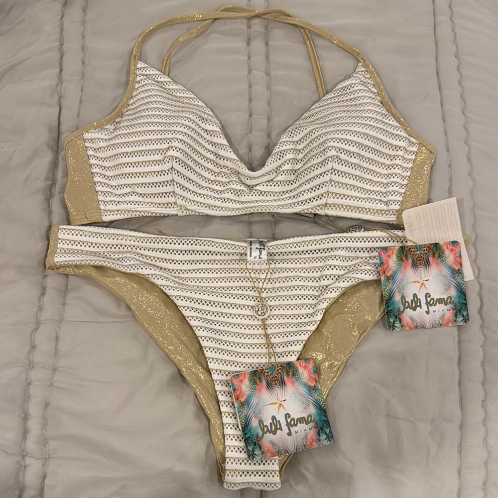 Luli Fama Gold and White Bikini with Striped Texture Large top and XL bottom.